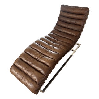 Restoration Hardware Brown Italian Leather Chaise Lounge Chair on Polished Steel Frame For Sale