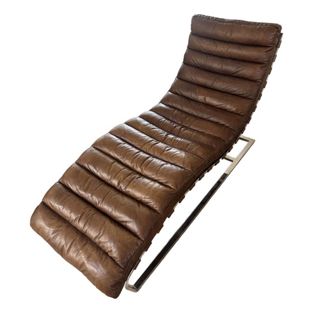 Restoration Hardware Brown Italian Leather Chaise Lounge Chair on Polished Steel Frame For Sale