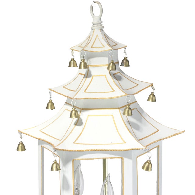 Three-Tier Pagoda Top Tole Lantern With Hanging Bells in White and Gold For Sale - Image 11 of 14