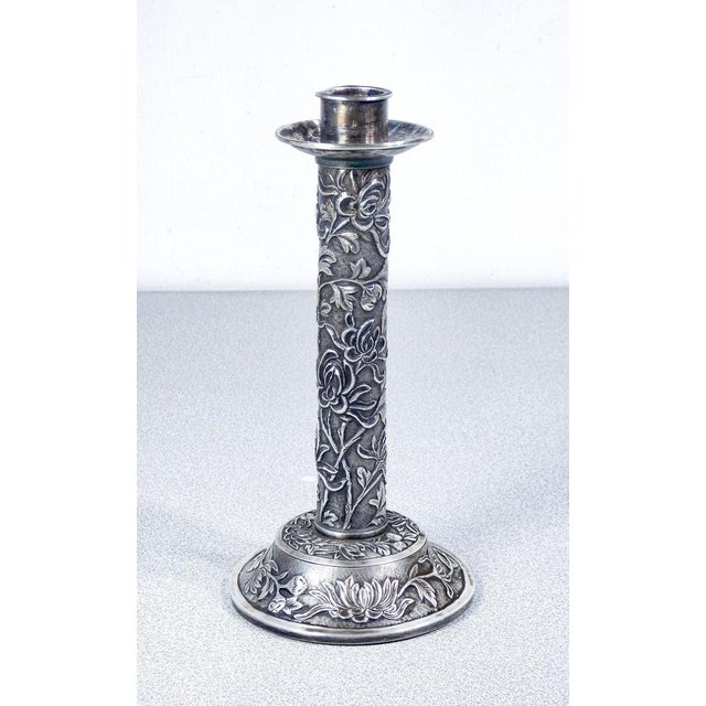 Antique Chinese Embossed Silver Candlestick, 1800s For Sale - Image 11 of 18