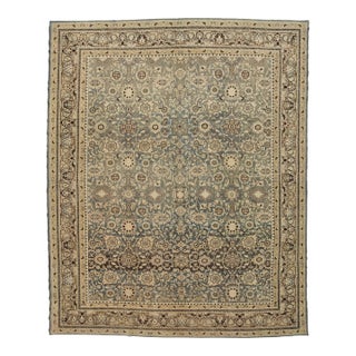 11x13 Antique Handmade Malayer Style Wool Rug in Soft Neutral & Blue Palette For Sale