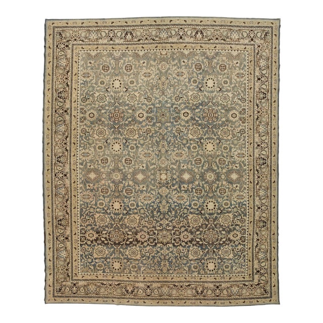 11x13 Antique Handmade Malayer Style Wool Rug in Soft Neutral & Blue Palette For Sale