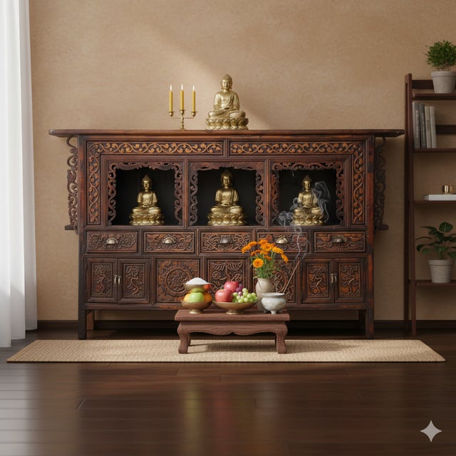 Chinese Vintage Relief Carving Long Shrine Altar Table Cabinet For Sale - Image 16 of 17