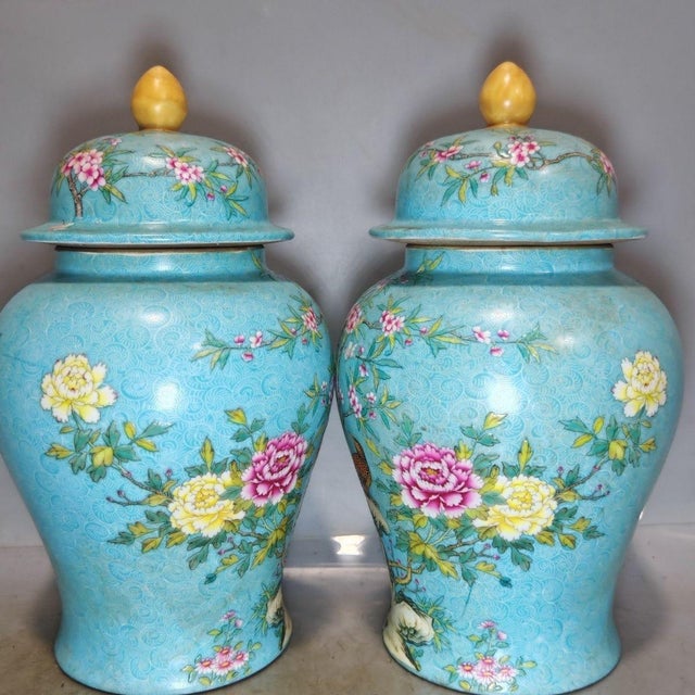 Ceramic Pair of Chinese Enameled Porcelain Temple Jars | Turquoise Ground Pheasant & Floral Motif For Sale - Image 7 of 9