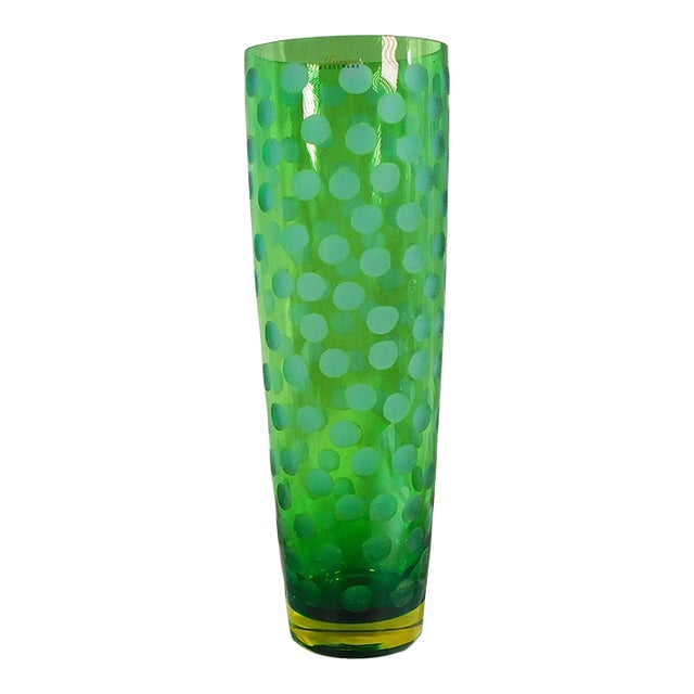 1970s Tall Green Cut to Clear Murano Glassware Vase For Sale