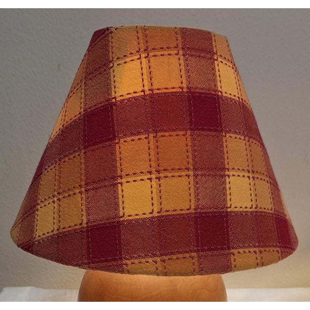 Wood Vintage Round Yew Wood Table Lamps with Handmade Fabric Shade, 1980s, Set of 2 For Sale - Image 7 of 10