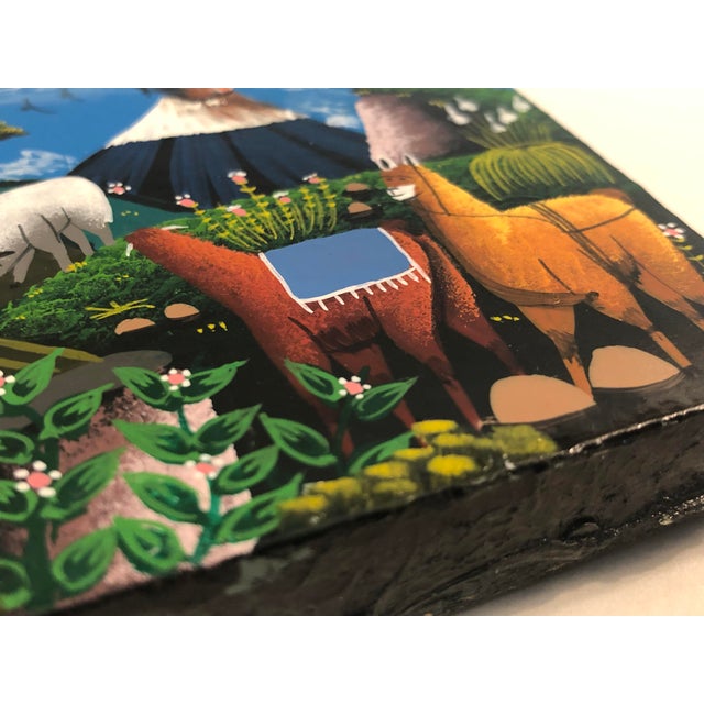 Blue Small Peruvian Oil Painting Pastoral Scene For Sale - Image 8 of 13
