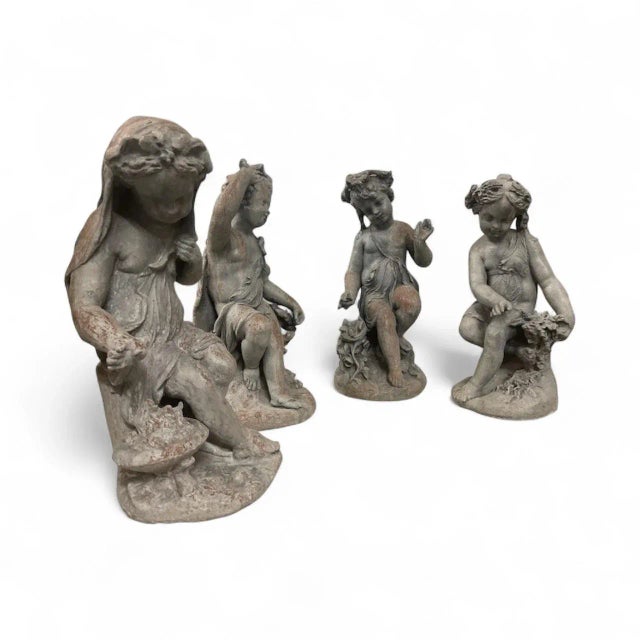 French Provincial Antique-Style Lead Figural Putti Garden Statues, Set of Four For Sale - Image 3 of 7