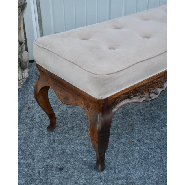 French Country Window Bench Vintage Tufted Upholstered Carved End Stool For Sale - Image 13 of 15