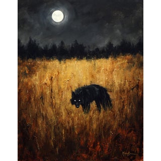Omen by Morgan Cameron | Oil on Panel Black wolf in a field under a full moon. For Sale