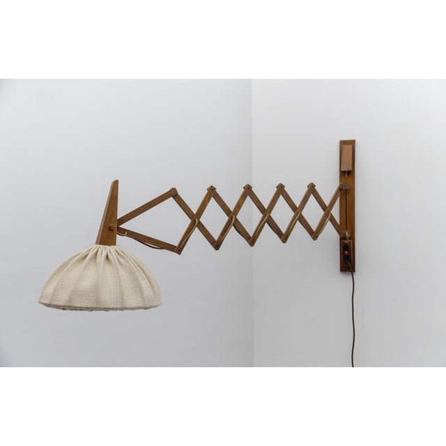 Wood Scandinavian Scissor Wall Lamp in Wood and Fabric, 1960s For Sale - Image 7 of 18