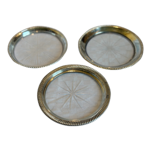 Early 20th Century Sterling Silver Rimmed Wine Bottle Coasters- Set of 3