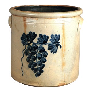 Antique Bennington Salt Glazed Blue Decorated Stoneware Crock with Grapes Circa 1870 For Sale