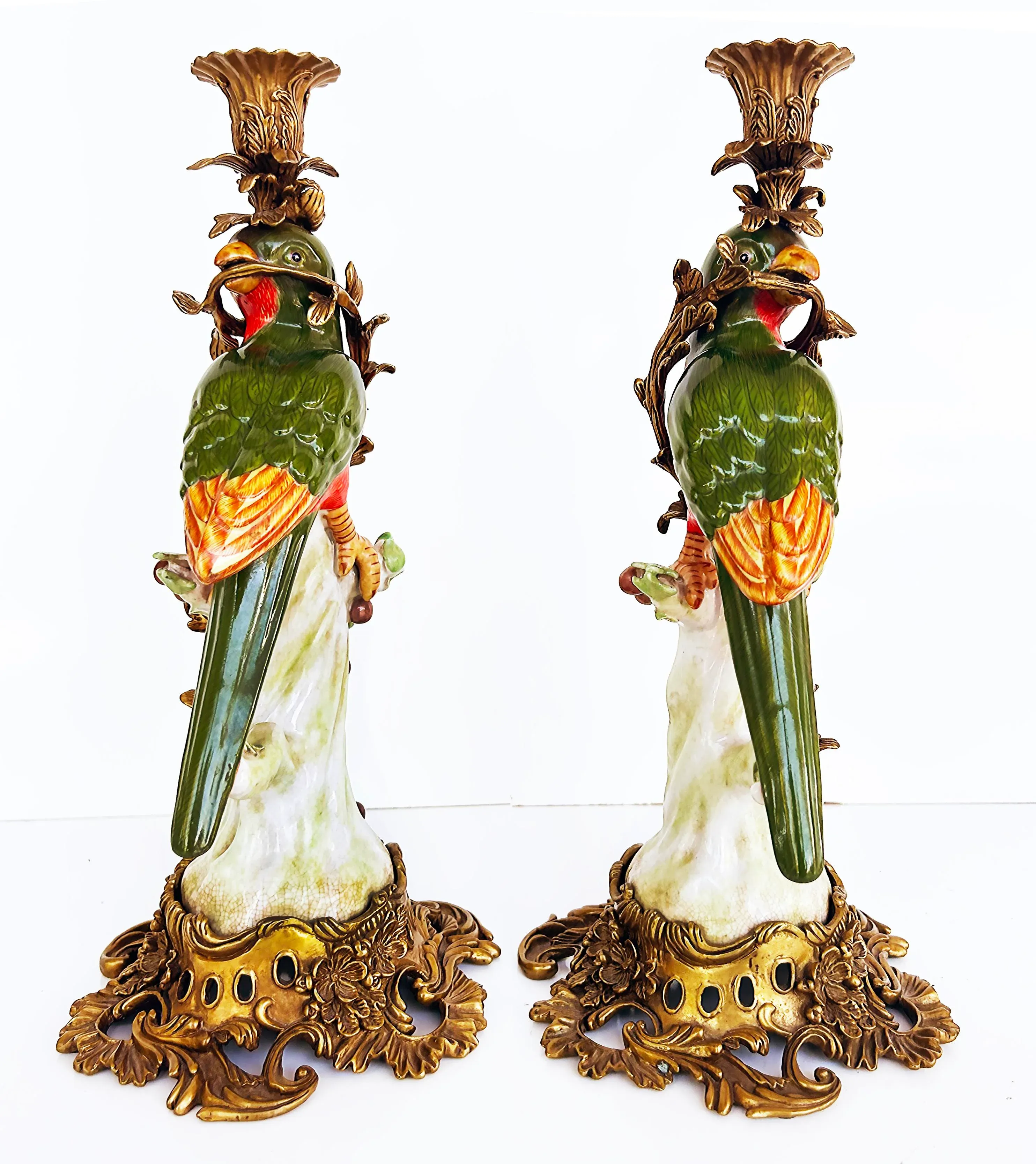 Vintage Bronze Painted Porcelain Exotic Bird Candlesticks- a Pair