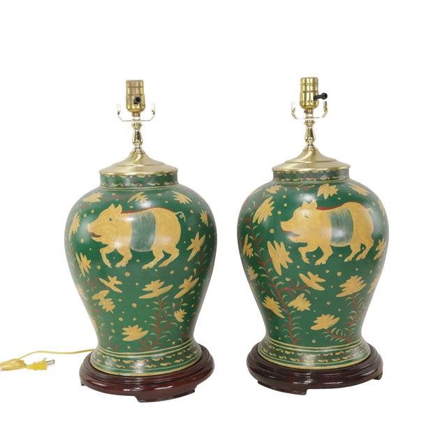 Vintage Brunschwig & Fils Hand-Painted Green Ceramic Pig Table Lamps - Pair For Sale - Image 11 of 11