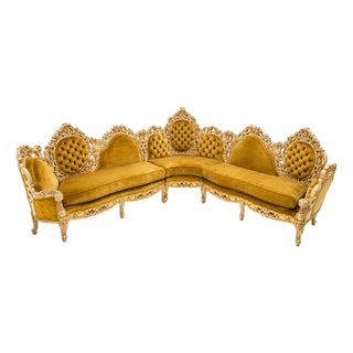 Mid 19th Century Monumental Rococo Revival Carved Sectional Sofa in Golden Velvet For Sale
