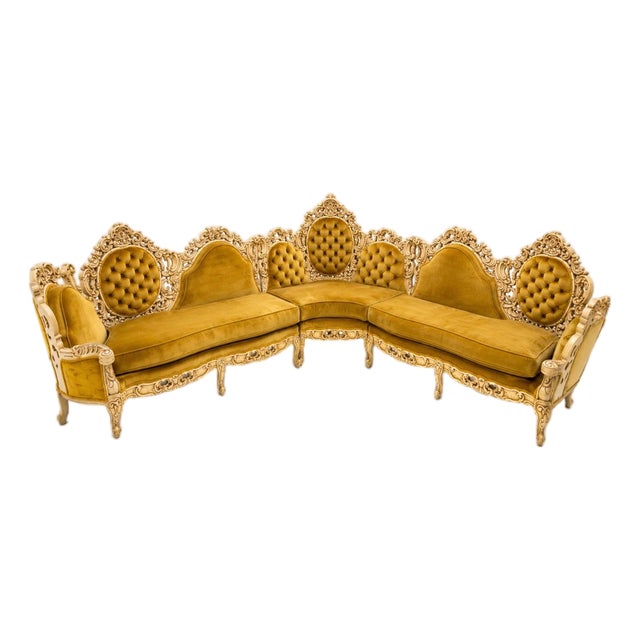 Mid 19th Century Monumental Rococo Revival Carved Sectional Sofa in Golden Velvet For Sale