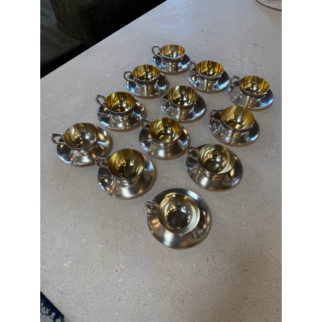 Italian Silver-Plate Tea Cup and Saucer Set, 12 Pieces, Mid-Century For Sale - Image 15 of 17