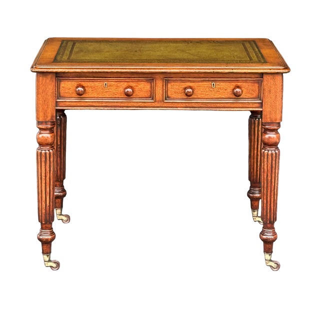 English William IV Library Table or Writing Desk of Patinated Oak With Inset Leather Top For Sale - Image 3 of 12