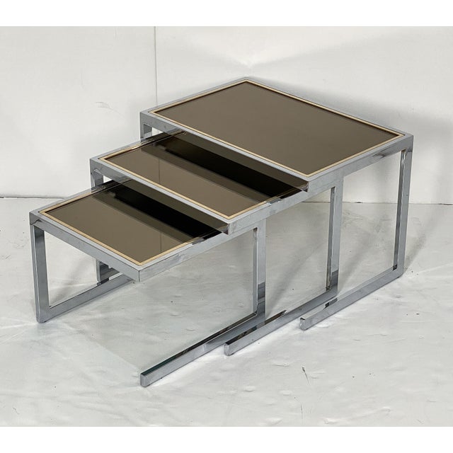 Set of Belgo Chrom Stacking or Nesting Tables of Chrome and Brass From Belgium For Sale - Image 4 of 12