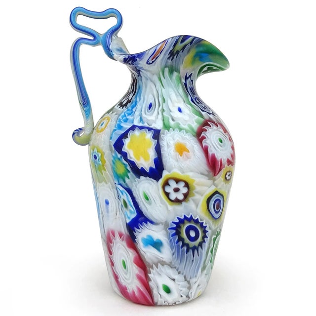 Art Deco Fratelli Toso Murano Antique Early Millefiori Flowers Mosaic Italian Art Glass Ornate Handle Cabinet Vase For Sale - Image 3 of 8