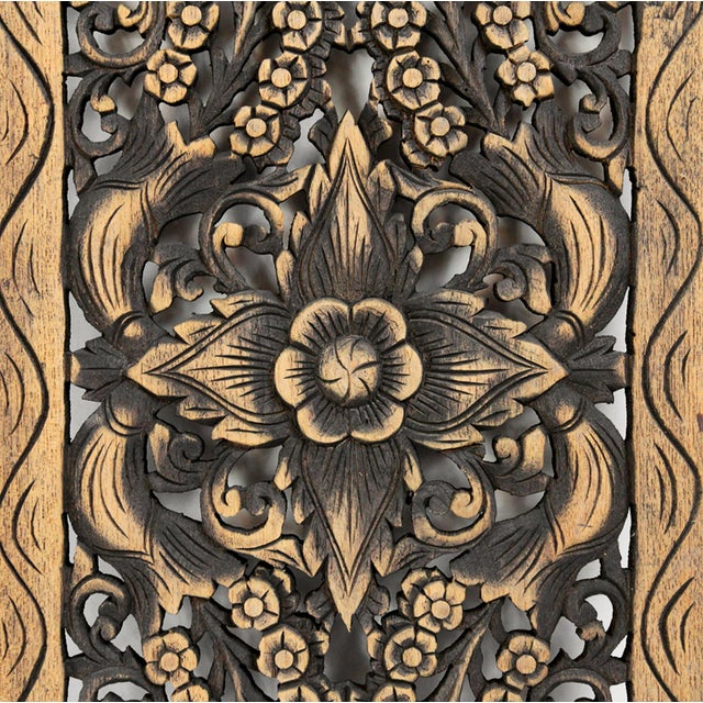 Hand carved vintage teak wood panel with antique brown finish from Burma (Myanmar). Traditional intricate floral designs...
