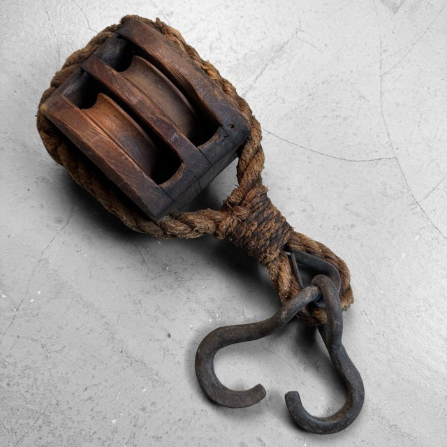 Metal Japanese Wooden Double Pulley with Forged Hooks, 1900s For Sale - Image 7 of 11