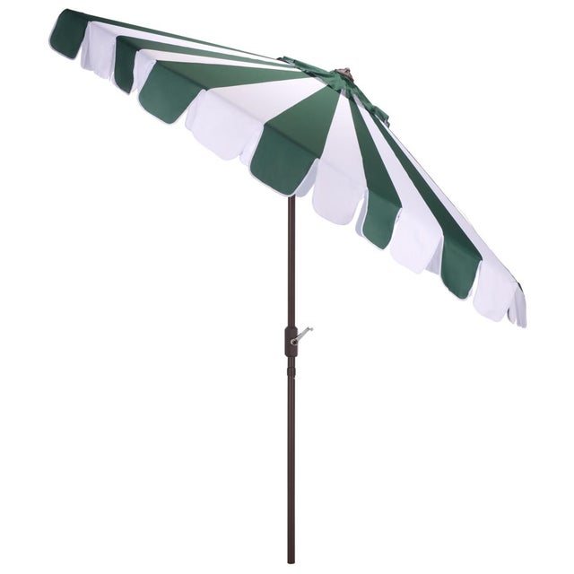 Dark Green Meze 9 Ft Crank Umbrella, Green Cabana Stripe/Brown Pole For Sale - Image 8 of 9