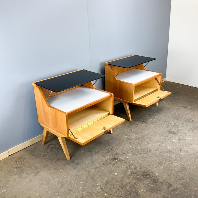 Pearwood Bedside Tables with Black and White Glass Tops from WK Möbel, 1950s, Set of 2 For Sale - Image 12 of 15
