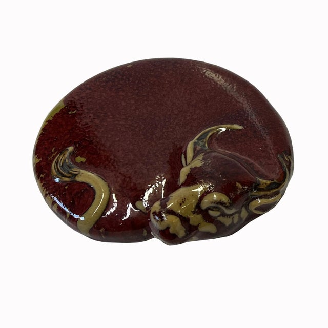 Chinese Ceramic Clay Oxblood Red Flat Ox Cow Shape Art Figure For Sale - Image 4 of 5