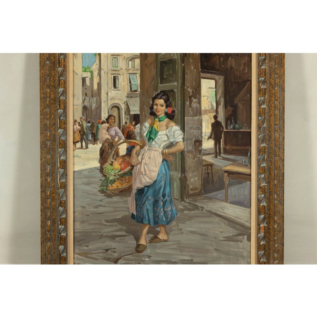 Textile Oil Painting of an Italian Woman in a Market Scene Signed G. Graziani For Sale - Image 7 of 12