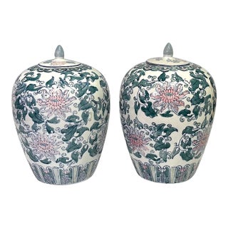 Vintage Chinese Porcelain Blue, White, Green and Pink Flower Lidded Ginger Jars, a Pair For Sale