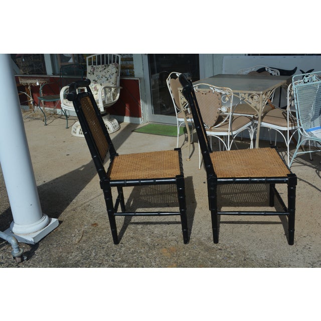 Japanese Pair Black Bamboo & Cane Colonial Noir Side / Dining Chairs For Sale - Image 3 of 17