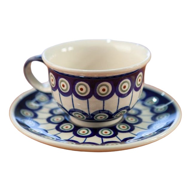 220 ml Cups with Krokus Saucers by Porcelana Boleslawiec, Set of 4 For Sale