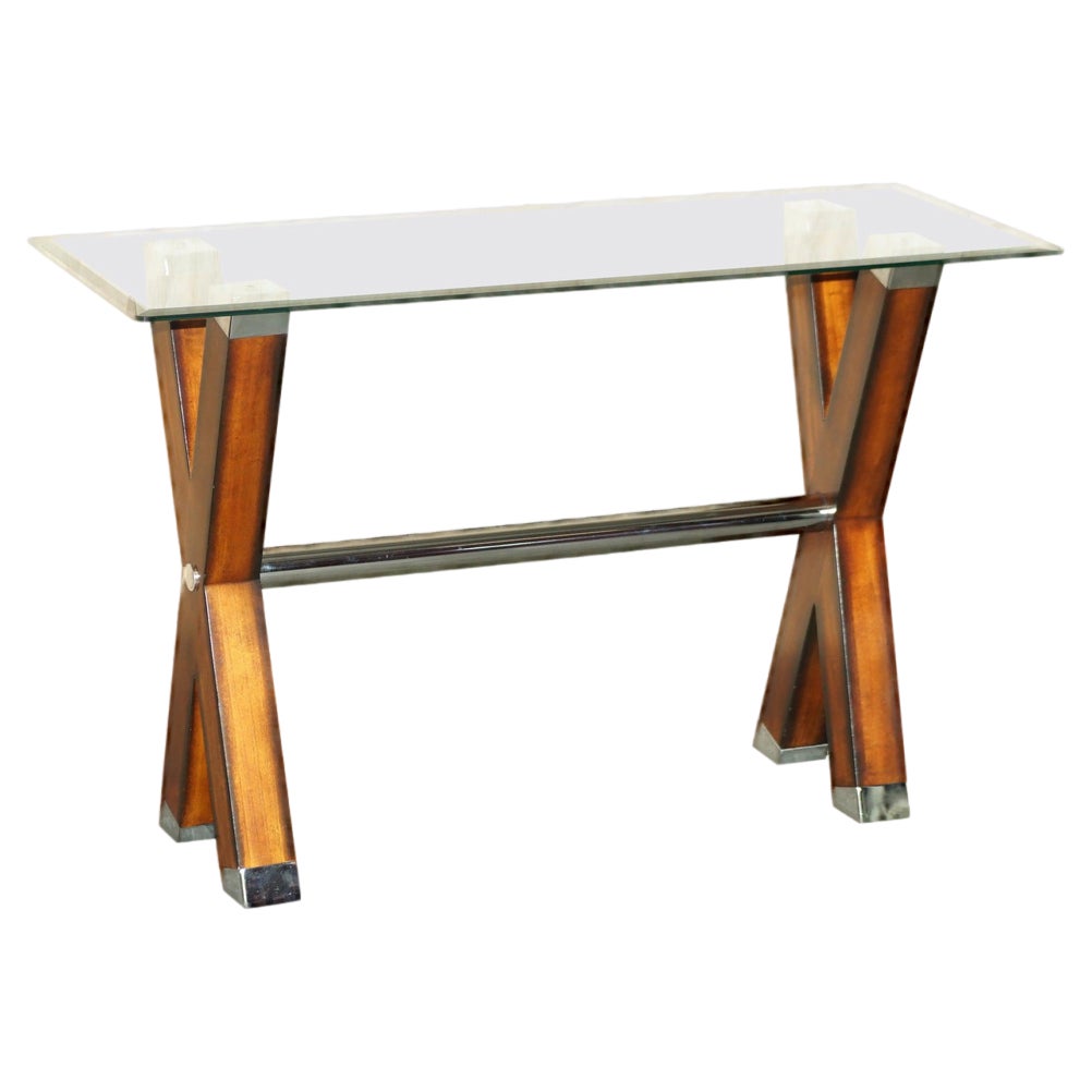 Chrome Tipped X Framed Console Table in Beech and Glass | Chairish