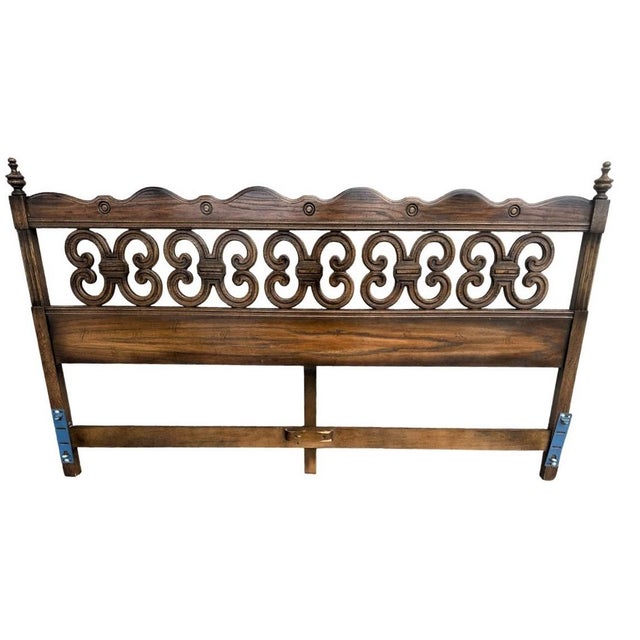 Vintage Drexel Mid Century Spanish Revival King Size Oak Headboard