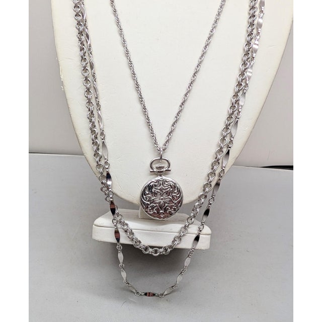 Metal Vintage 1964 Signed Napier Silvertone Victorian Pocketwatch Style Pendant Necklace For Sale - Image 7 of 8