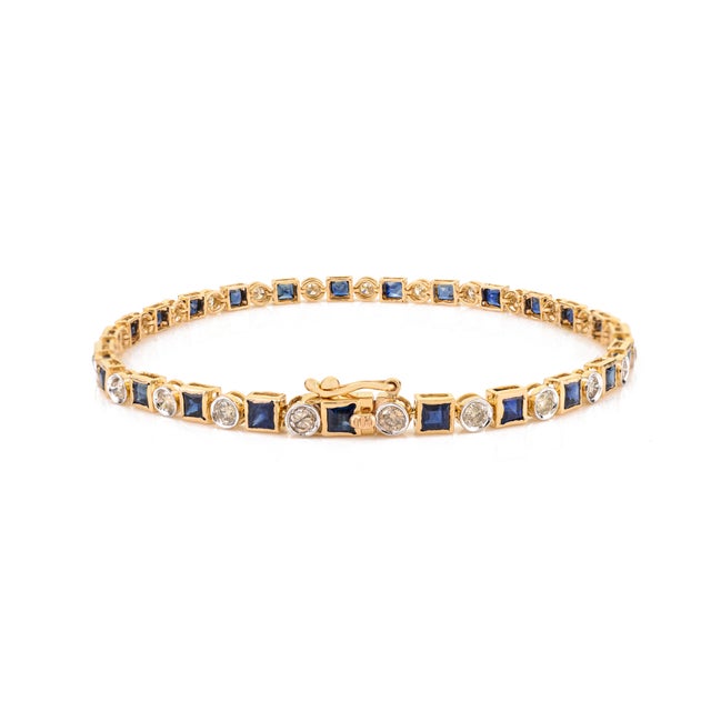 Metal 3.70 Ct Princess Cut Natural Blue Sapphire & Diamond Tennis Bracelet in 14k Gold For Sale - Image 7 of 14