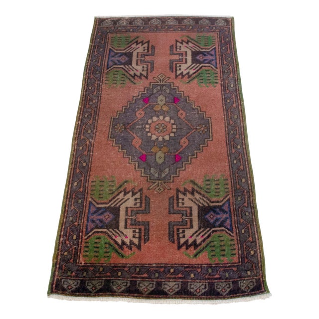 1960s Distressed Low Pile Turkish Yastik Petite Rug Hand Knotted Faded Mat - 21'' X 42'' For Sale - Image 5 of 13