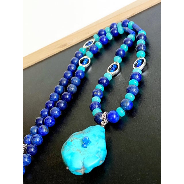 Artisan One-of-a-Kind Gemstone Necklace With Vintage Arizona Turquoise, Lapis Lazuli & Blue Chalcedony For Sale - Image 16 of 18