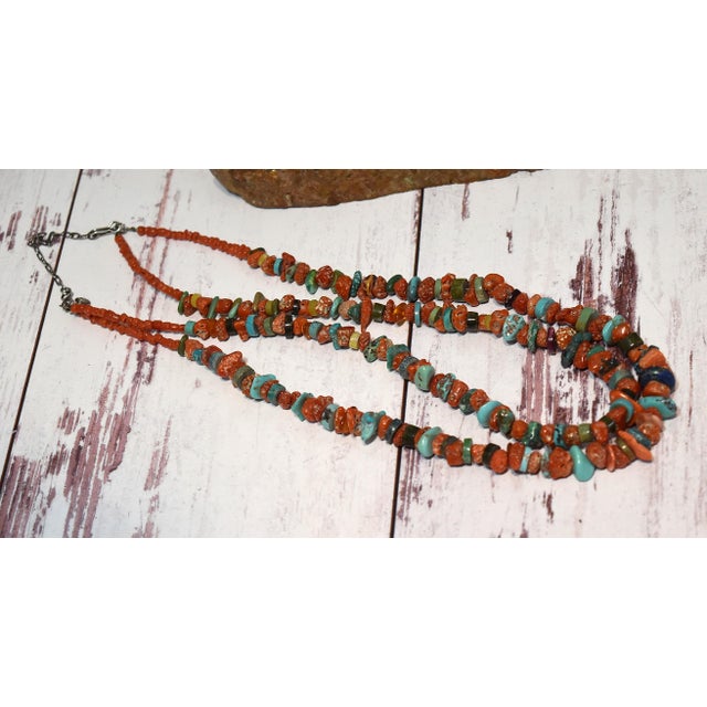 Vintage Coral Turquoise and Other Mixed Stone Double Strand Native American Necklace For Sale - Image 4 of 16