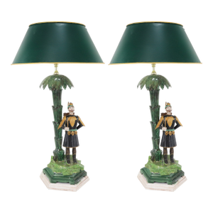 A Unique Pair of Handmade Metal Antique Lamps, Warrior and Palm Tree Lamps