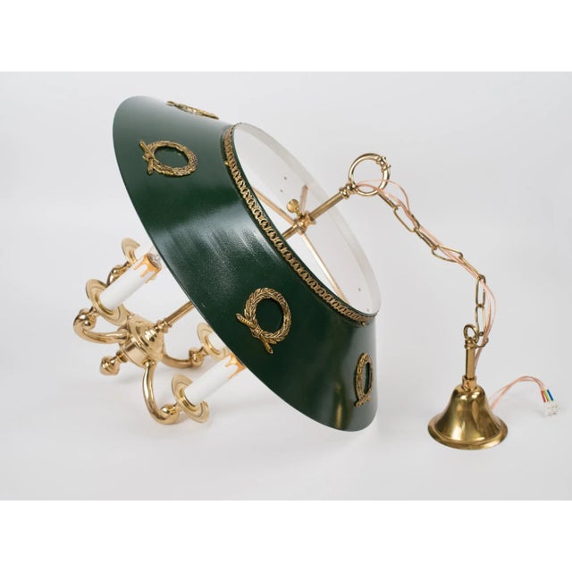 Bottle Green 1960s Empire Bouillotte Brass Chandelier With Green Tole Shade For Sale - Image 8 of 14