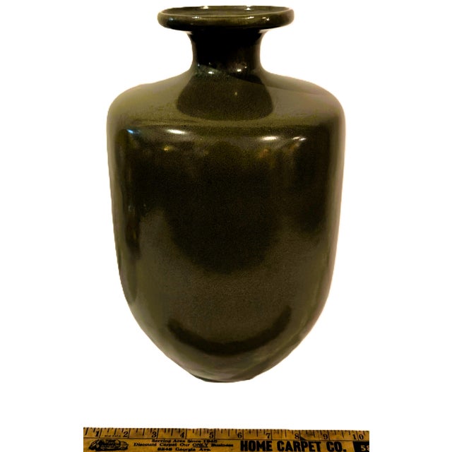 Vintage Large Mottled Moss & Chestnut Speckled Glazed Bottle Vase (14") For Sale - Image 17 of 18