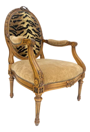 1960s Carved Round Tiger Upholstery Back Camel Mohair Seat French Arm Chair