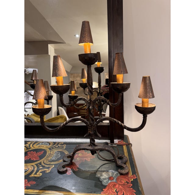 French Wrought Iron Table Lamps with Copper Shades, 1940s, Set of 2 For Sale - Image 4 of 5