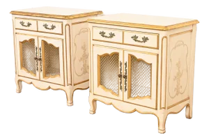 John Widdicomb French Rococo Louis XV Cream Lacquered and Parcel Gilt Nightstands, Circa 1950s