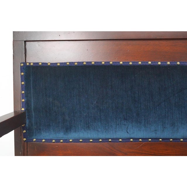 Mid 20th Century Traditional 121.75 In. Blue Velvet Walnut Settee Bench For Sale - Image 4 of 16