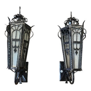 Pair of Authentic Salvaged Oversized Exterior Gothic Style Light From Historic Masonic Temple, 1920's For Sale