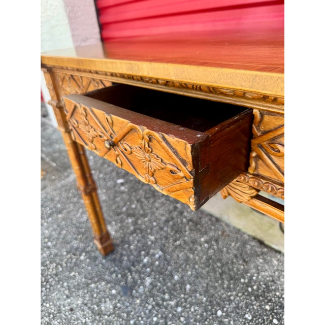 Pair Antique Carved Chinese Chippendale Faux Bamboo Fretwork Banded Inlay Single Drawer Hall Foyer Console Tables For Sale In West Palm - Image 6 of 12